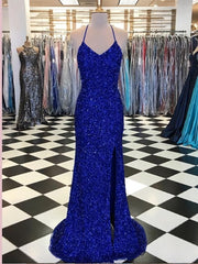 Trumpet Mermaid Royal Blue Long Prom Dresses, Spaghetti Straps Beading Evening Gowns