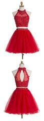 Two Piece Scoop Short Red Organza Beaded Homecoming Dress, With Appliques Sequins