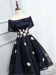 Off The Shoulder Black Organza Homecoming Dresses, With Handmade Flower Short Homecoming Dresses