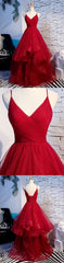 Elegant Tulle Red Straps Prom Dress, A Line Prom Dresses, Long Evening Dress, Burgundy Prom Dress