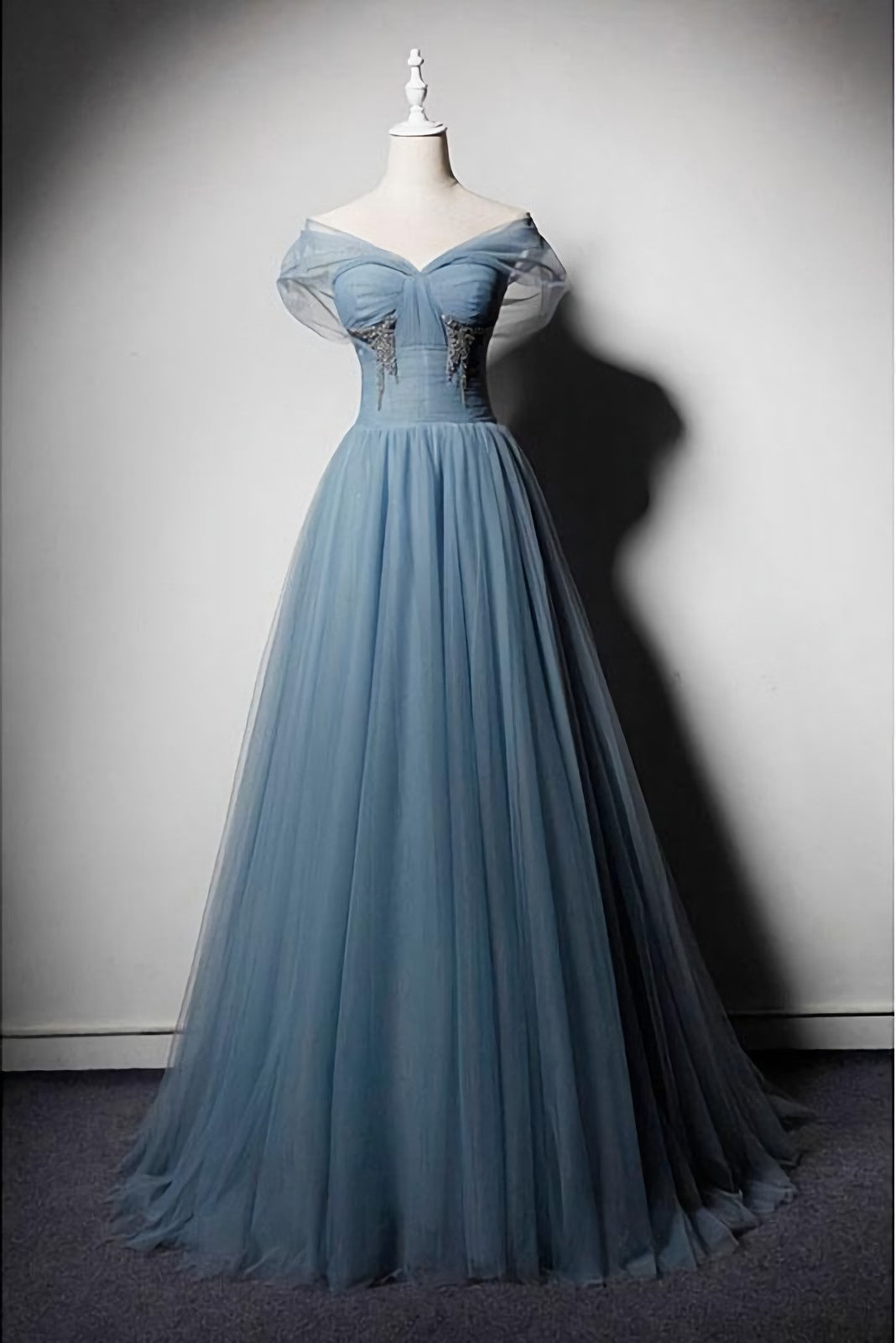 Blue Tulle V Neck Off Shoulder Long Senior Prom Dress, Evening Dress