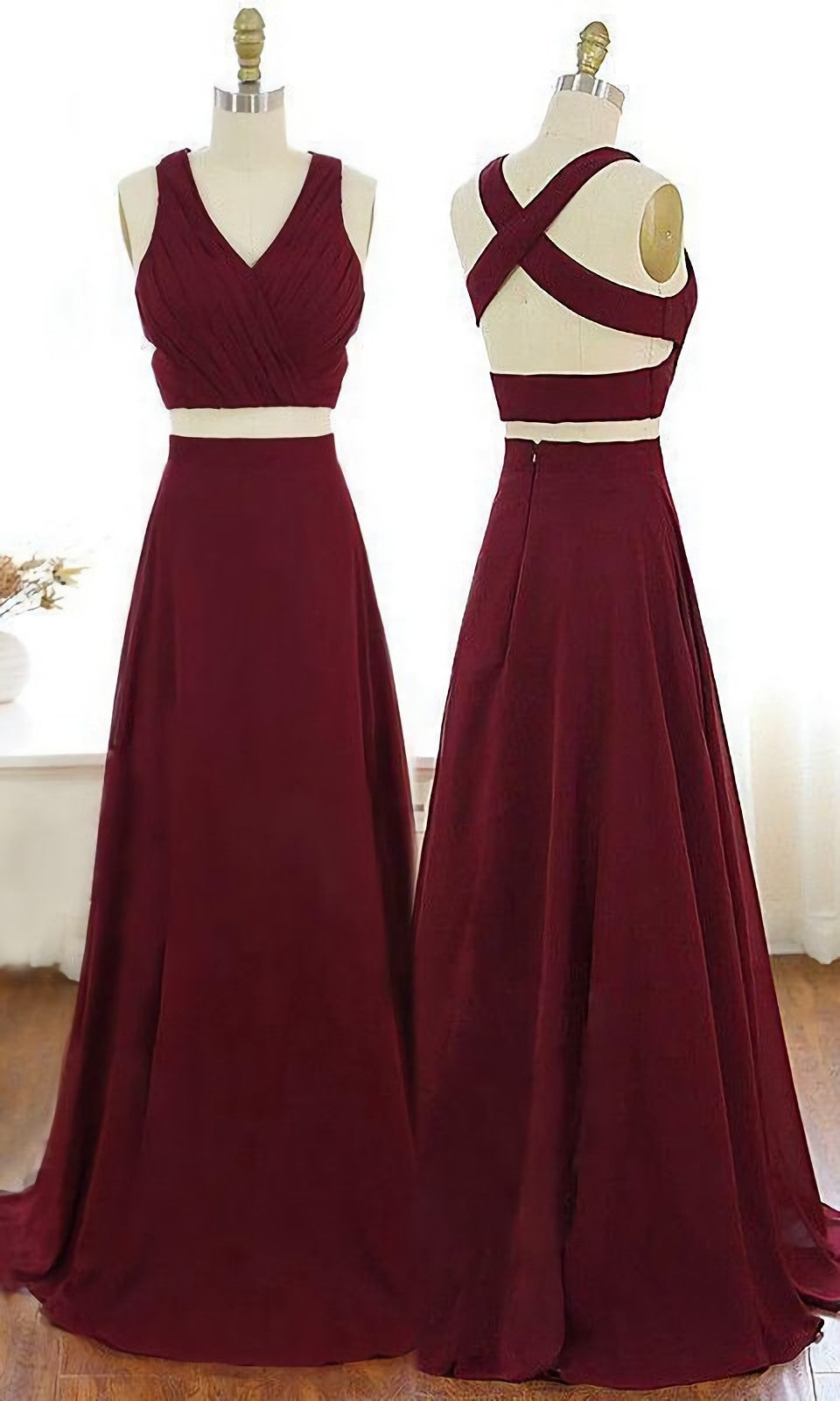 V Neck Burgundy Party Dress, Criss Cross Straps Chiffon Two Piece Prom Dress