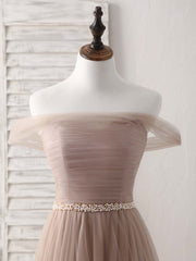 Champagne Off Shoulder Tulle Long Prom Dress, Champagne Evening Dress