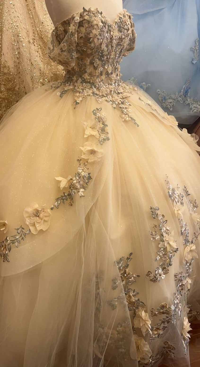 Champagne Quince Dress with Flowers Sweet 16 Dresses Off the Shoulder Ball Gown