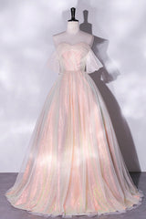 Champagne Sequins Long A-Line Prom Dress, Off the Shoulder Evening Party Dress