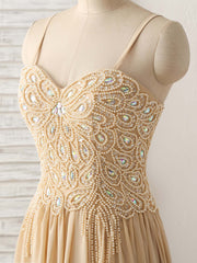 Champagne Sweetheart Neck Beads Long Prom Dress Evening Dress