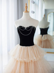 Champagne Sweetheart Neck Tulle Long Prom Dress, Champagne Formal Dresses