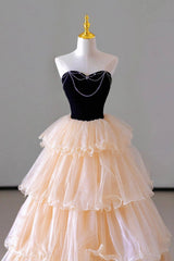 Champagne Sweetheart Tulle Layers Long Party Dress, Strapless A-Line Prom Dress