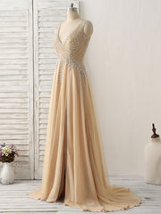 Champagne V Neck Beads Long Prom Dress Tulle Evening Dress