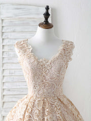 Champagne V Neck Lace Short Prom Dress Champagne Bridesmaid Dress