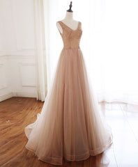 Champagne V Neck Tulle Beads Long Prom Dress Evening Dress