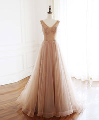 Champagne V Neck Tulle Beads Long Prom Dress Evening Dress