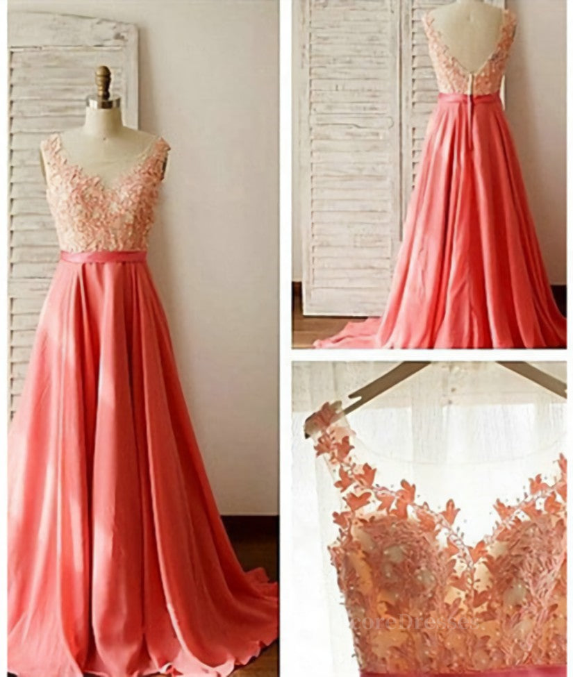 Charming A-Line Appliques V-Neck Lace Long Prom Dresses, Long Formal Dresses