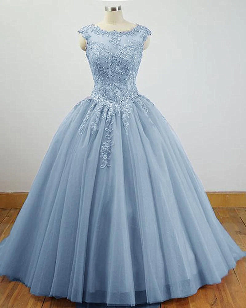 Charming Blue Tulle Long Ball Gown Sweet 16 Dress with Lace, Formal Gown