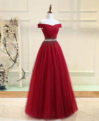 Charming Off Shoulder Tulle Beaded Prom Gown, Wine Red Long Junior Prom Dress