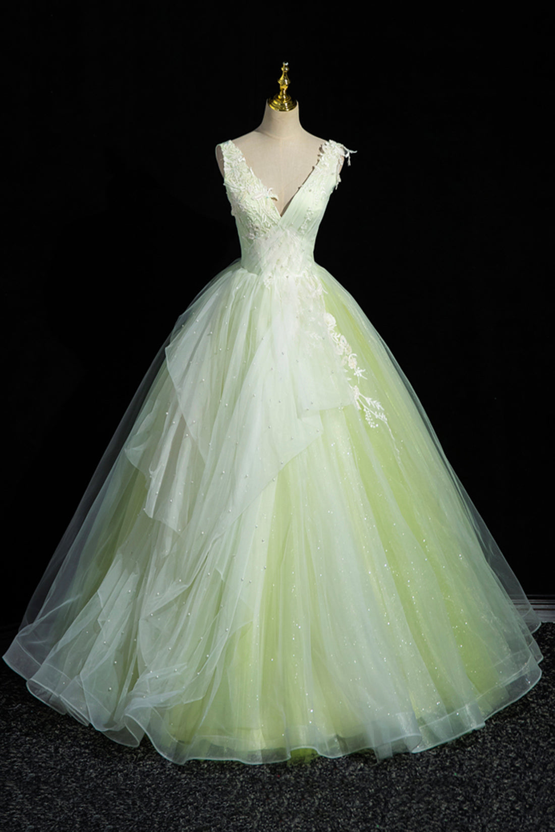 Charming Tulle Lace Green Prom Dresses, V-Neck Sleeveless Floor-Length Formal Evening Dresses