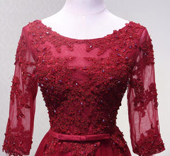 Charming Wine Red Short Sleeves Lace Applique Wedding Party Dress, Formal Gown