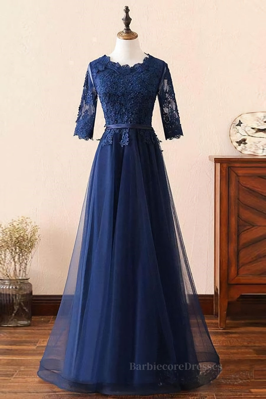 Custom Made Long Sleeves Navy Blue Lace Prom Dress, Long Sleeves Lace Bridesmaid Dress, Long Sleeves Navy Blue Lace Formal Graduation Evening Dress