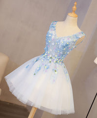 Cute Blue Lace Applique Short Prom Dress, Homecoming Dress