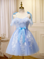 Cute Short Blue Lace Prom Dresses, Short Blue Lace Formal Graduation Dresses