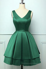 Cute V Neck and V Back Layered Green Short Prom Dress, Short Green Homecoming Dress, Green Formal Evening Dress