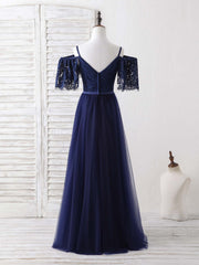 Dark Blue A-Line Lace Tulle Long Prom Dress Blue Evening Dress