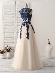 Dark Blue Lace Applique Tulle Long Prom Dress Blue Bridesmaid Dress