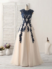 Dark Blue Lace Applique Tulle Long Prom Dress Blue Bridesmaid Dress