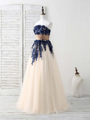 Dark Blue Lace Applique Tulle Long Prom Dress Blue Bridesmaid Dress