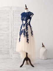 Dark Blue Lace Tulle High Low Prom Dress Blue Bridesmaid Dress