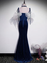 Dark Blue Mermaid Velvet Long Prom Dresses, Blue Formal Evening Dress