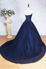 Dark Blue Tulle Lace Princess Dress, A-Line Strapless Long Prom Dress