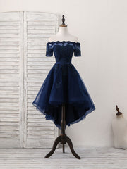 Dark Blue Tulle Lace Short Prom Dress, Dark Blue Homecoming Dress