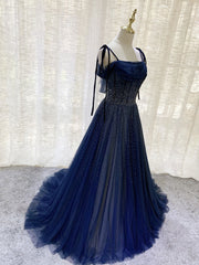 Dark Blue Tulle Sequin Long Prom Dress, Blue Tulle Formal Dress