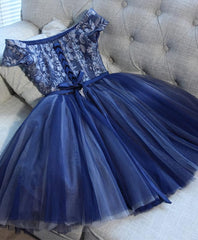 Blue Lace Off Shoulder Short Prom Dress, Blue Evening Dress