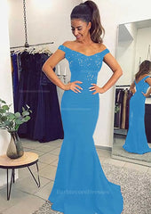 Elastic Satin Prom Dress Trumpet Mermaid Off The Shoulder Sweep Train With Lace