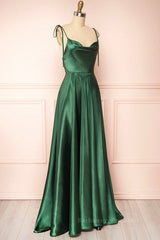 Elegant Backless Green Satin Long Prom Dresses, Backless Green Formal Graduation Evening Dress