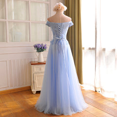 Elegant Light Blue Lace Applique Top Long Party Dress, Off Shoulder Bridesmaid Dress