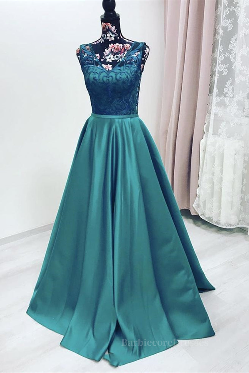 Elegant V Neck Green Lace Long Prom Dress, Green Lace Formal Graduation Evening Dress