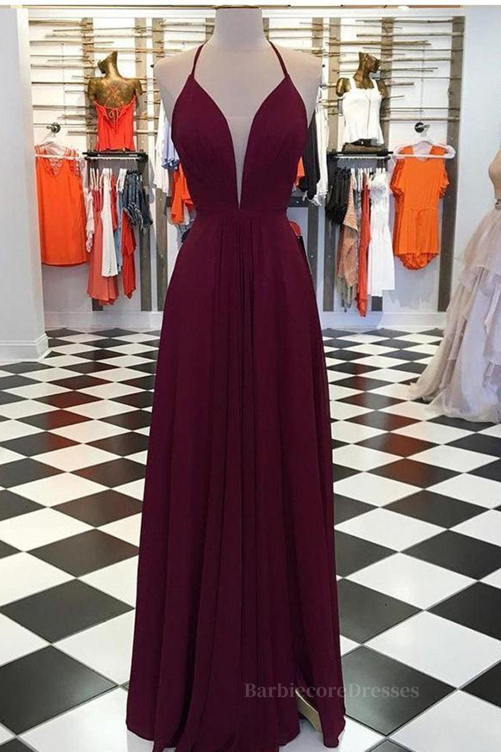 Elegant V Neck Open Back Burgundy Prom Dresses, Open Back Burgundy Formal Dresses, Long Burgundy Evening Dresses