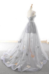 Gray Long Prom Dress with Butterfly, New Arrival Unique Evening Dress