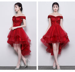 Fashionable High Low Party Dress, Red Off Shoulder Homecoming Dress