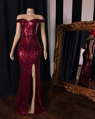 Long Mermaid Burgundy Sequin Prom Dresses Glitter Split Evening Gown