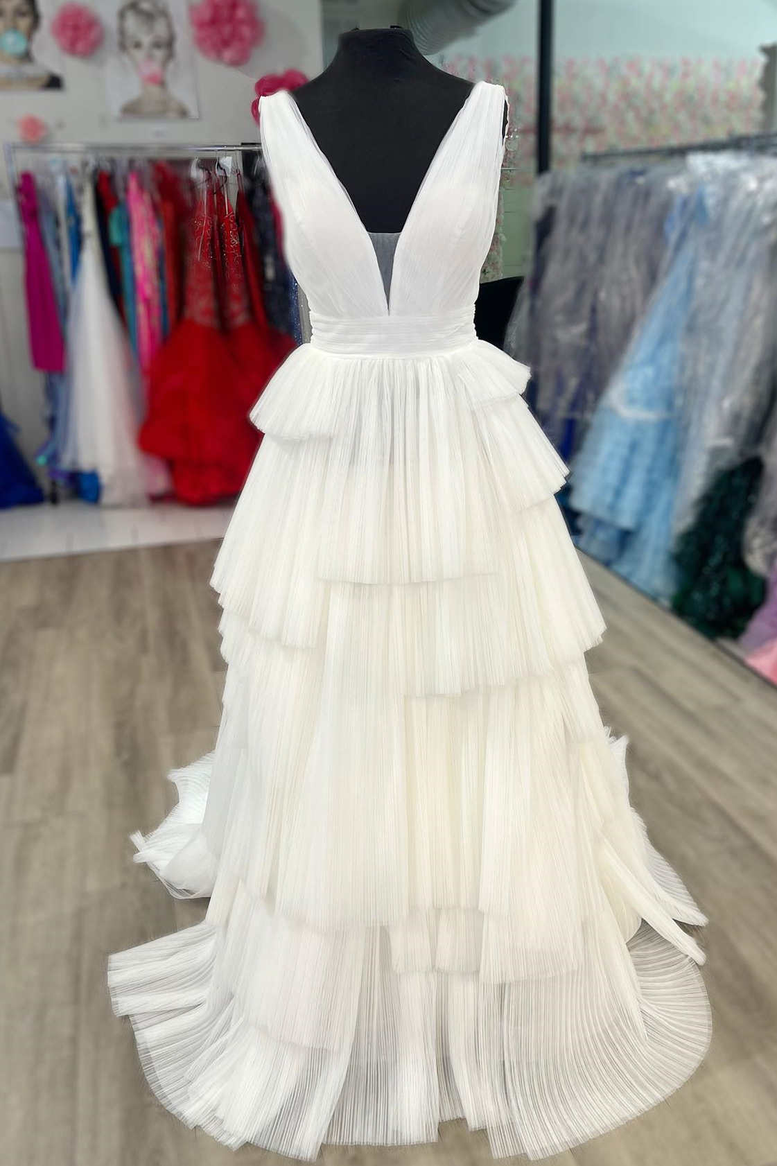 White V-Neck Pleated Layered Long Formal Dress