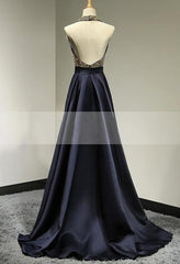 Halter Beading Backless Sweep Train A-Line/Princess Satin Prom Dresses