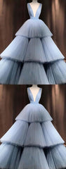 Blue V Neck Tulle Long Prom Dress, Blue Tulle Evening Dress