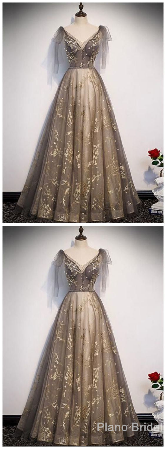 Elegant V Neck Gray Gold Tulle Lace Long Prom Dress, Tulle Formal Dress