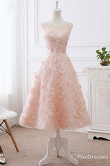 pink lace round neck tea length prom dress lace evening dress