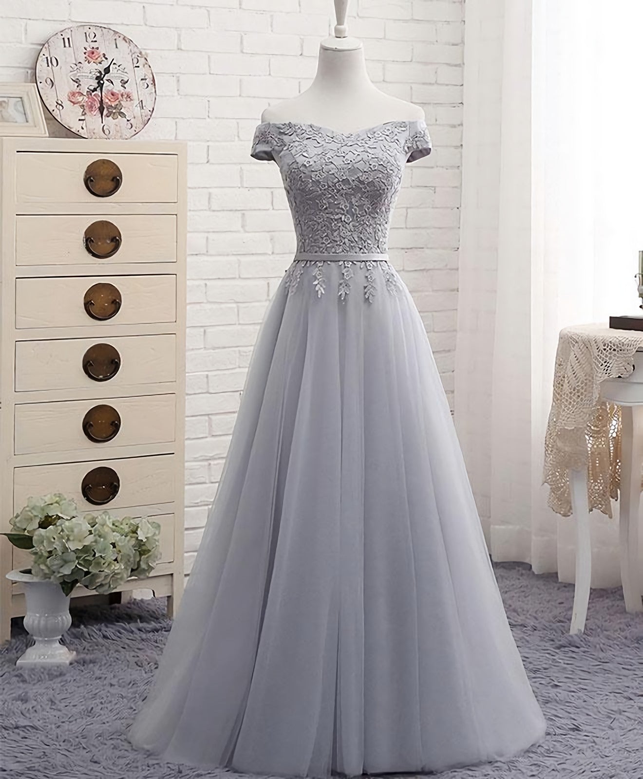 Gray A Line Lace Off Shoulder Prom Dress, Lace Evening Dresses