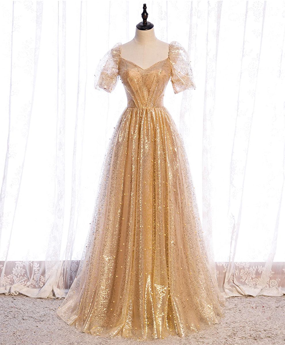 Gold Aline Tulle V Neck Long Prom Dress, Gold Formal Dresses